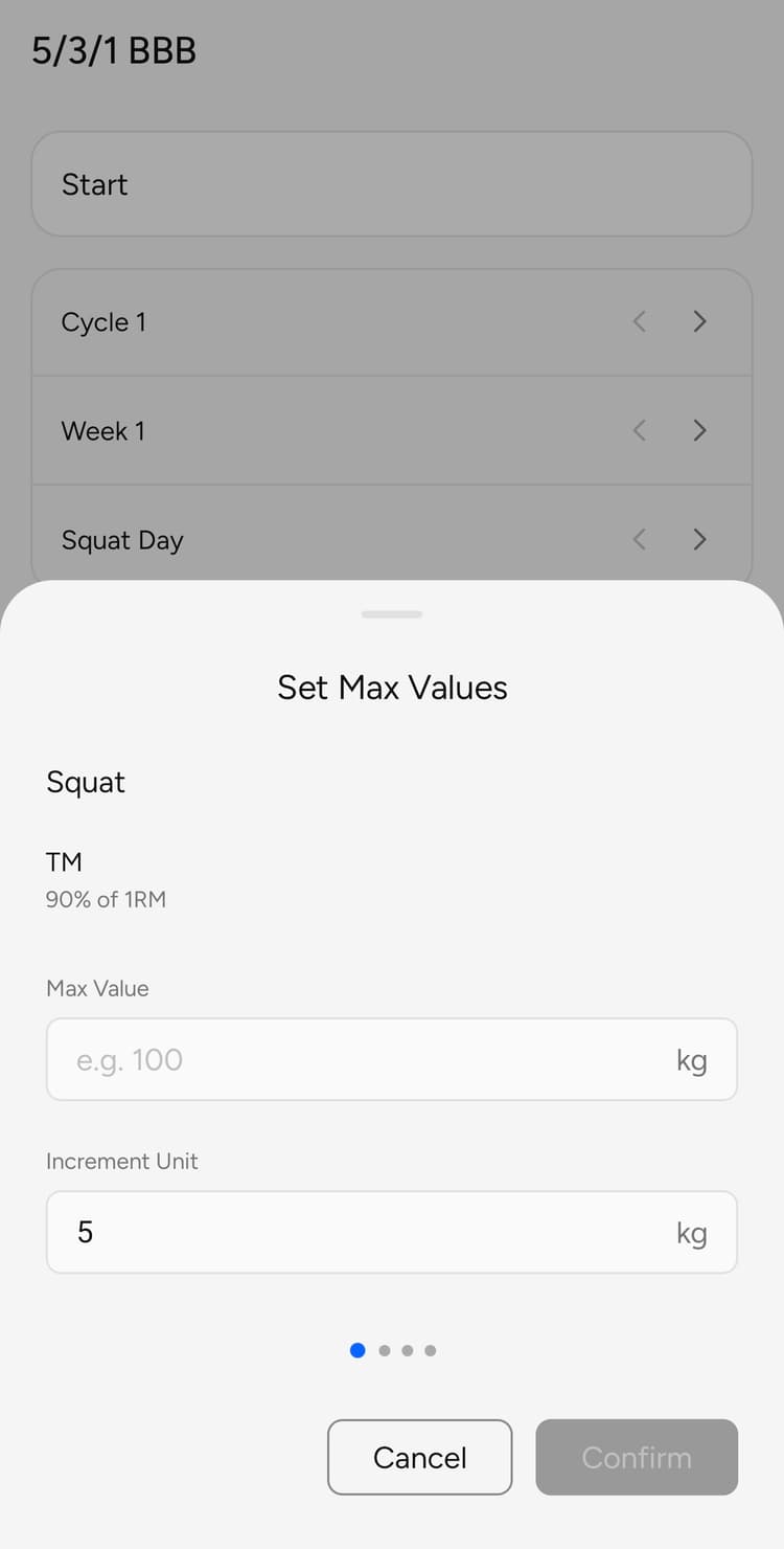 RepCheck 531 (5/3/1) Training Max setup screen
