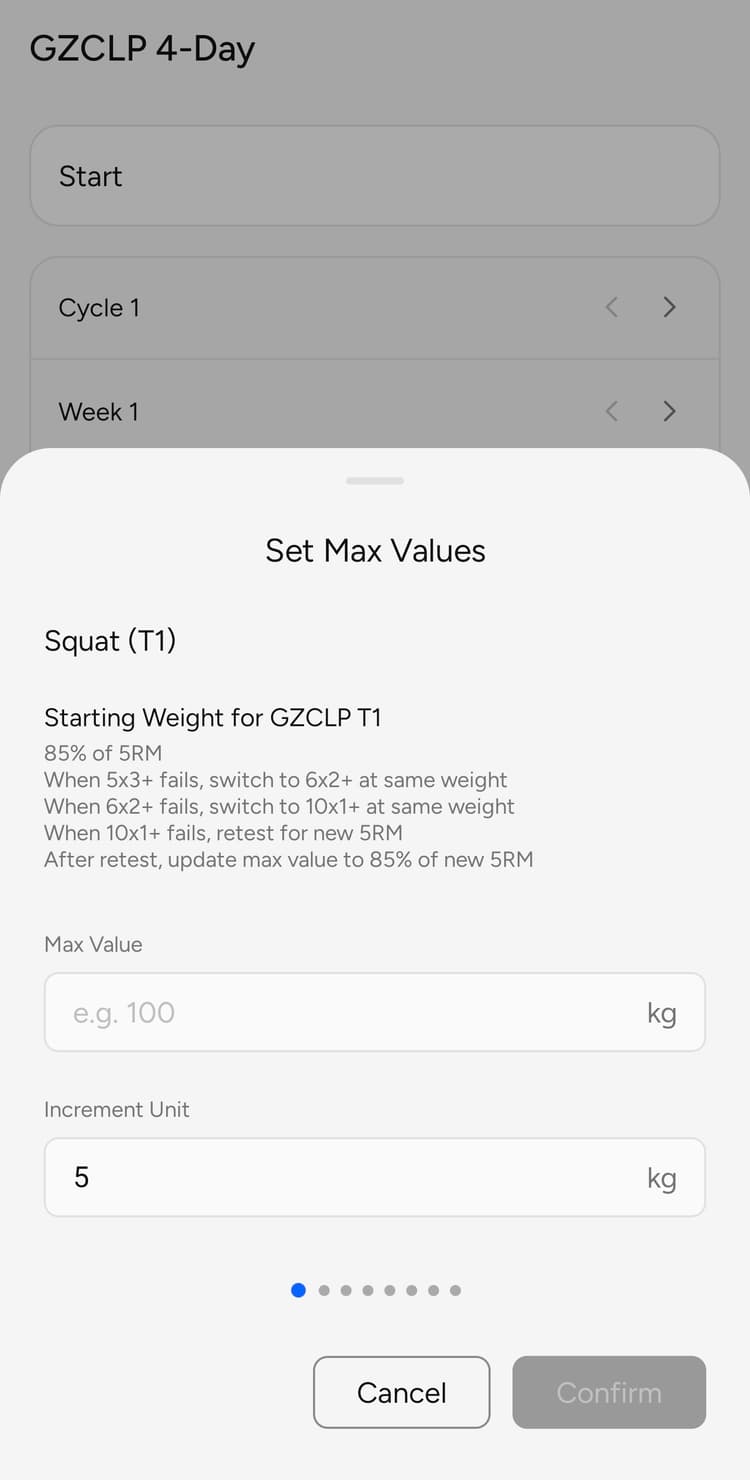 RepCheck GZCLP max setup screen