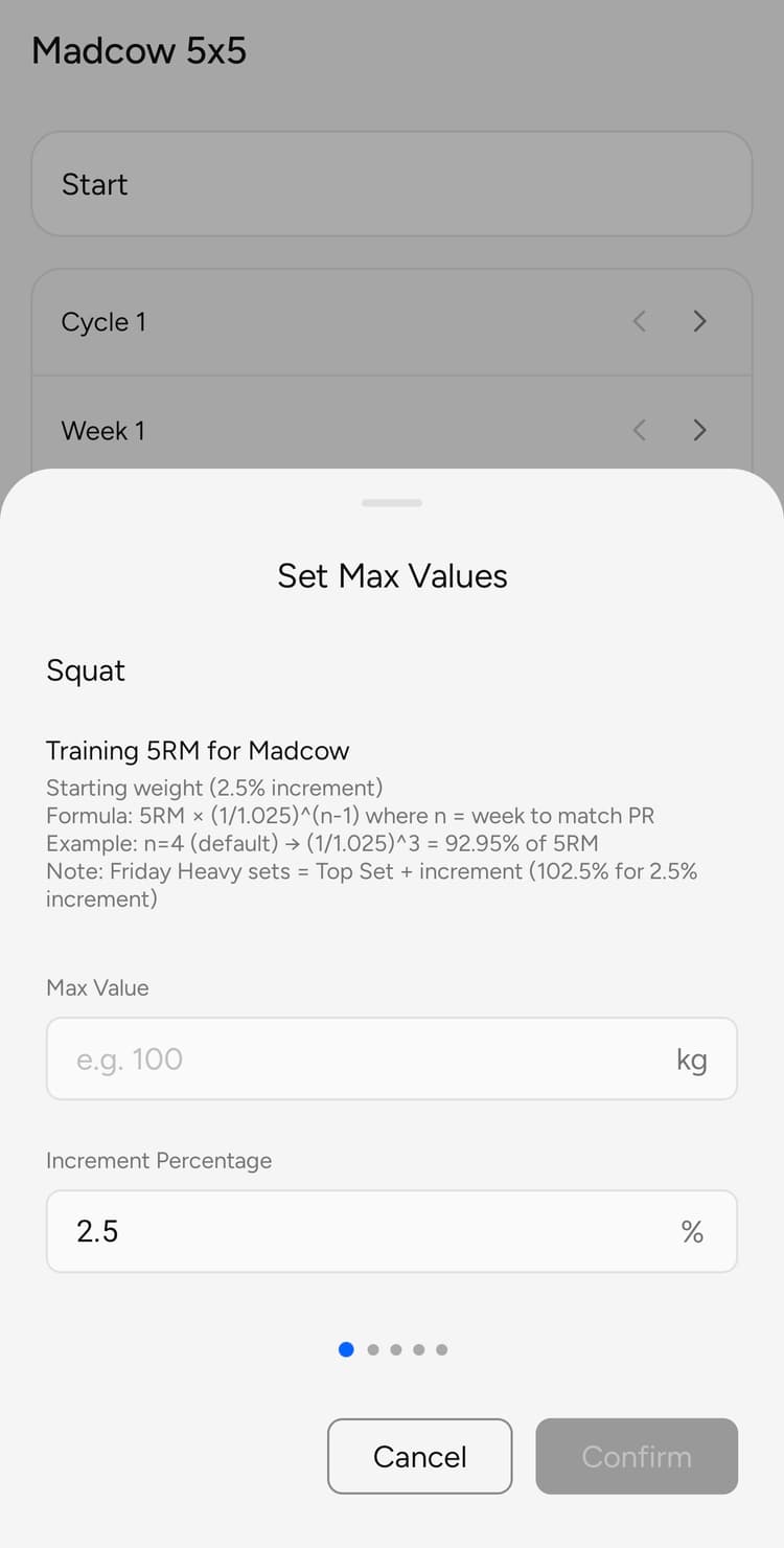 RepCheck Madcow 5x5 max setup screen