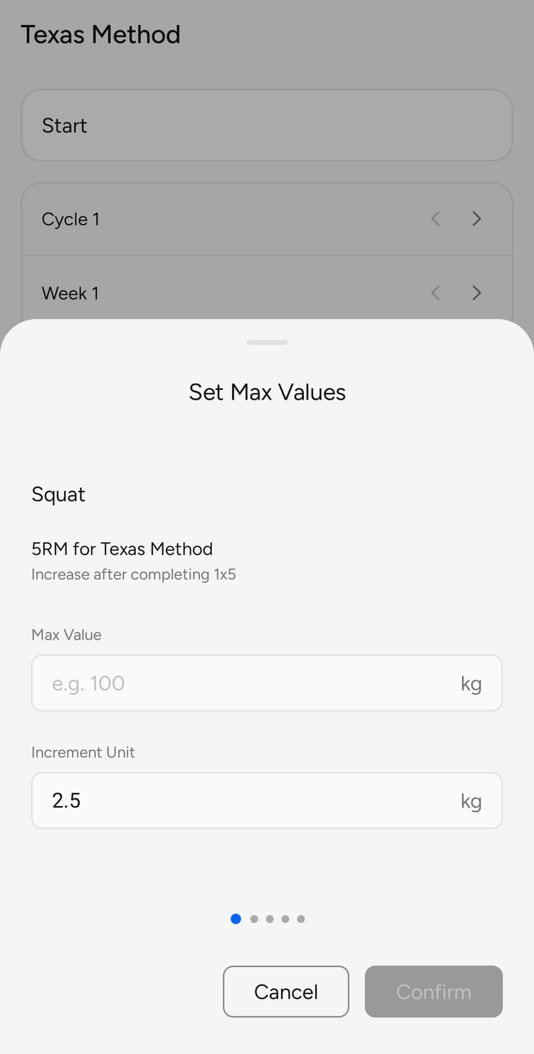 RepCheck app Texas Method max setup screen