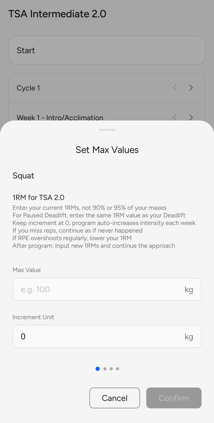 RepCheck TSA Powerlifting max setup screen